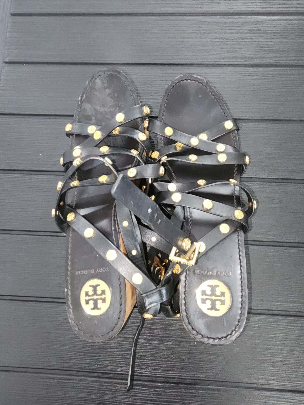 Tory Burch Studded Wood Platform Wedges Black Leather Strappy Sandals - Picture 2 of 8